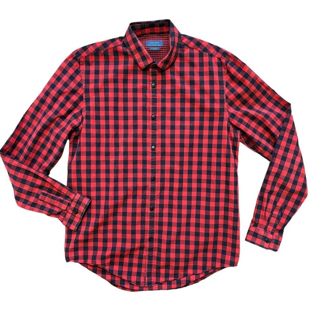 ZARA MAN Snap Front Check Plaid Shirt in Red & Black  Long sleeve  SZ M